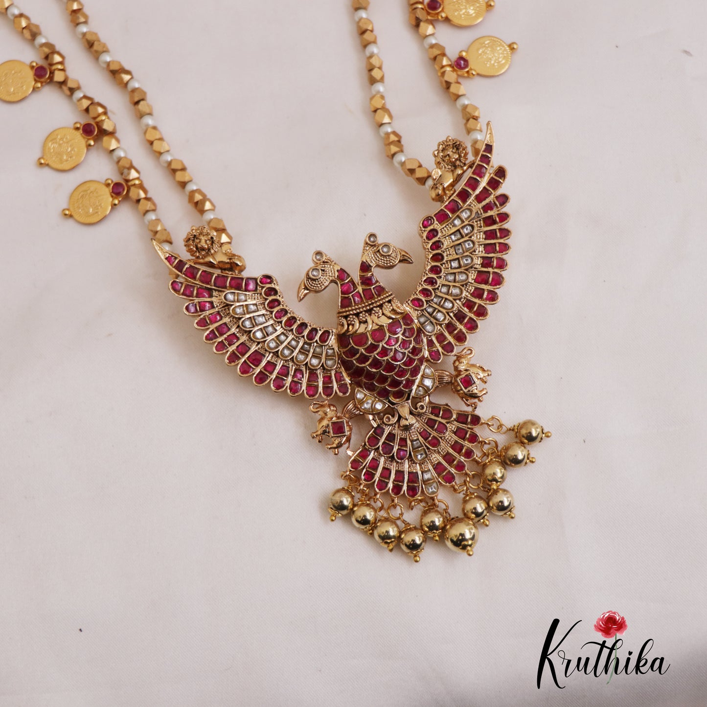 Gorgeous Kemp Gandaberunda Pendant Haaram With Golden Bead Drops LH2043