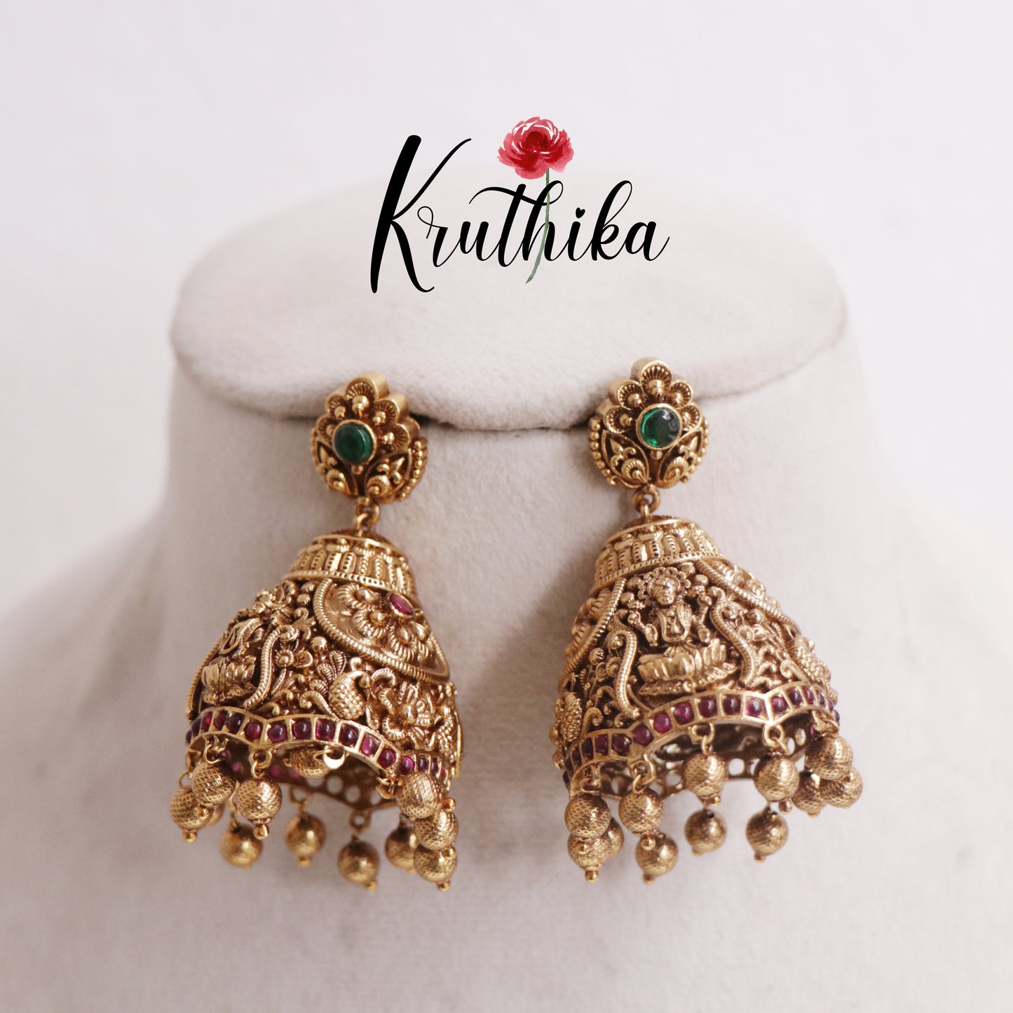 Simple Temple Lakshmi Peacock Carved Jhumkas Earrings E744