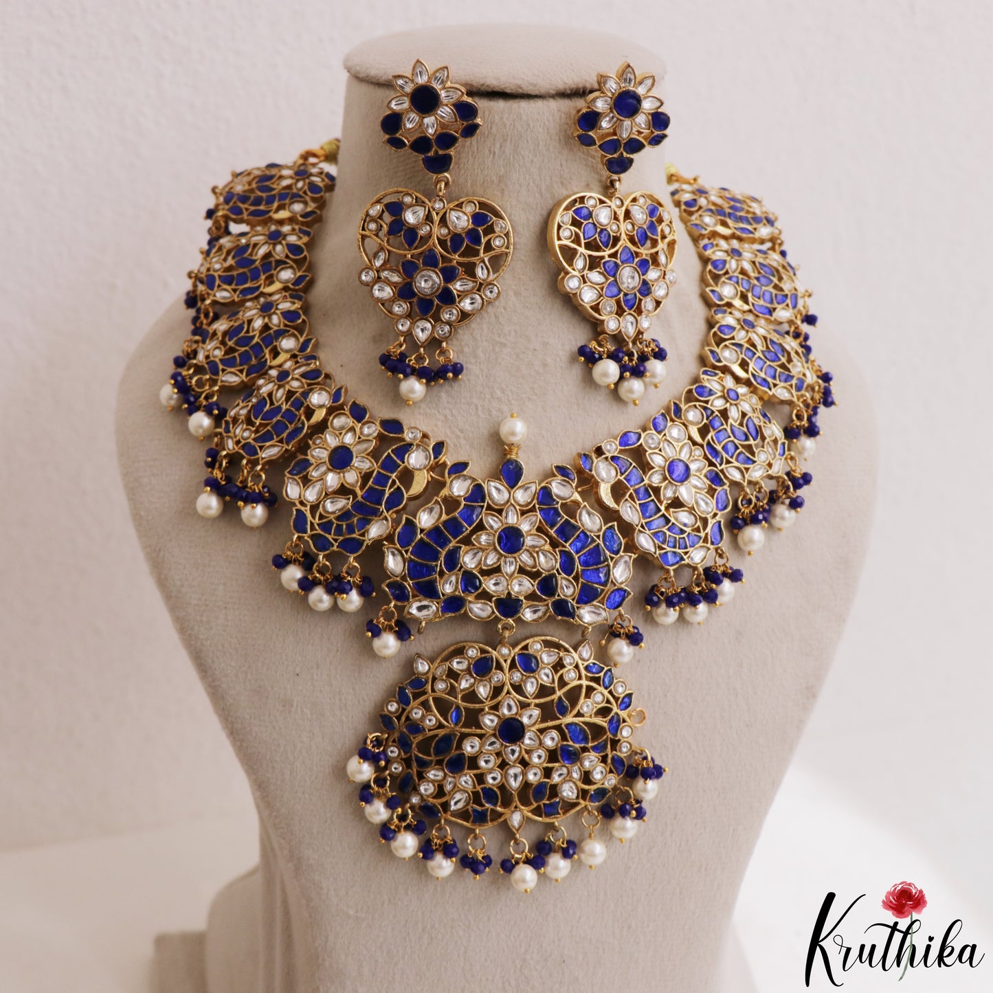Stunning Peacock Floral Motifs Jadau Necklace With Pearl Bead Drops NC3191 (Available In 3 Colors)