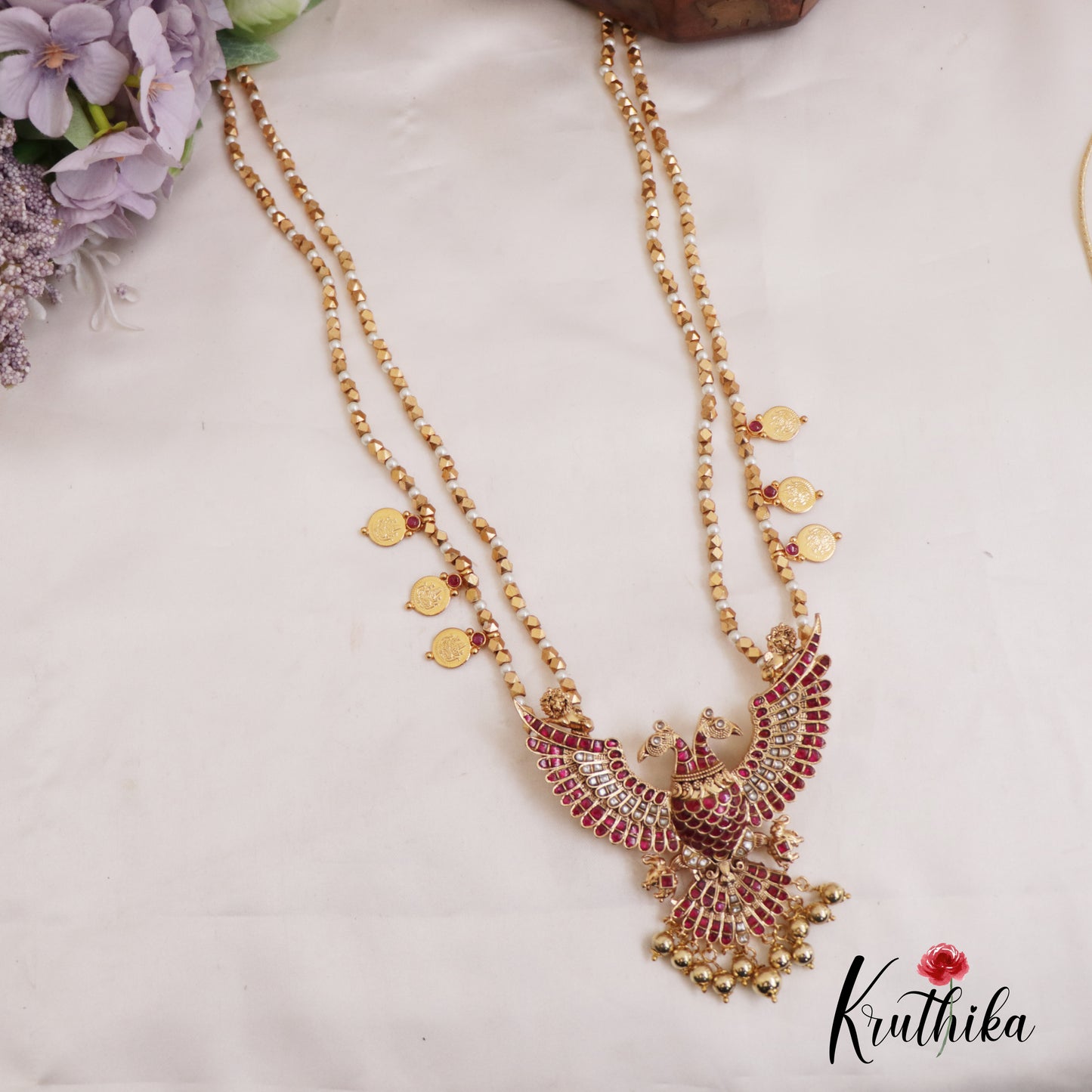 Gorgeous Kemp Gandaberunda Pendant Haaram With Golden Bead Drops LH2043