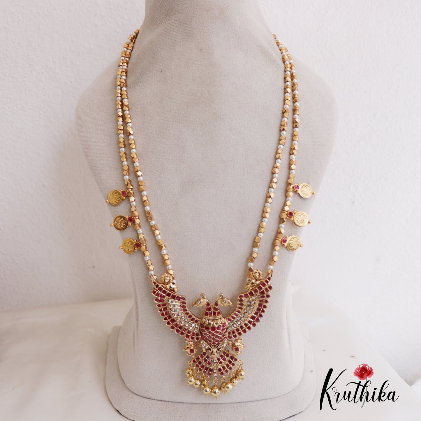 Gorgeous Kemp Gandaberunda Pendant Haaram With Golden Bead Drops LH2043