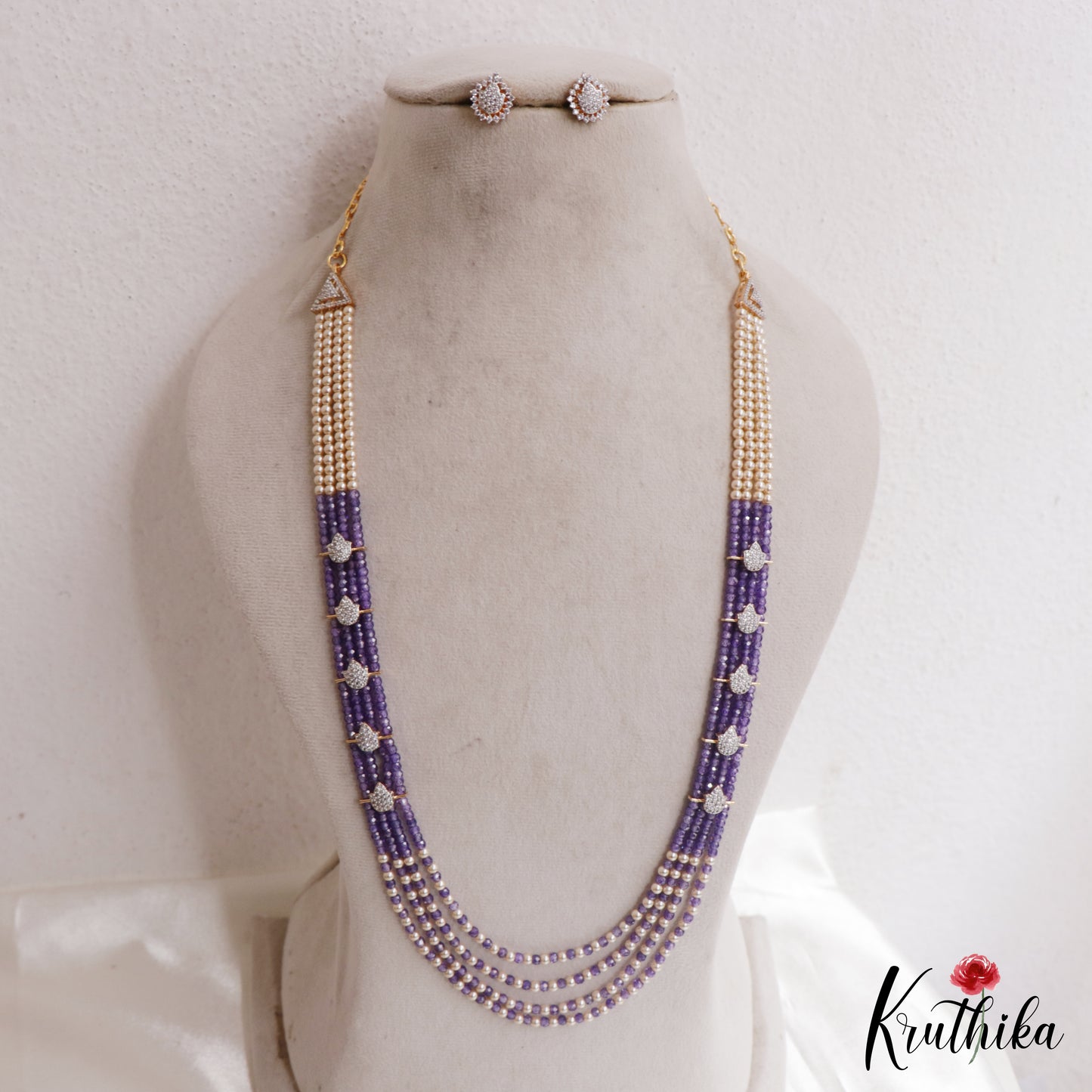Elegant Multi Layered Crystal & Pearl Haaram With Floral Accents LH2130 (Available In 6 Colors)