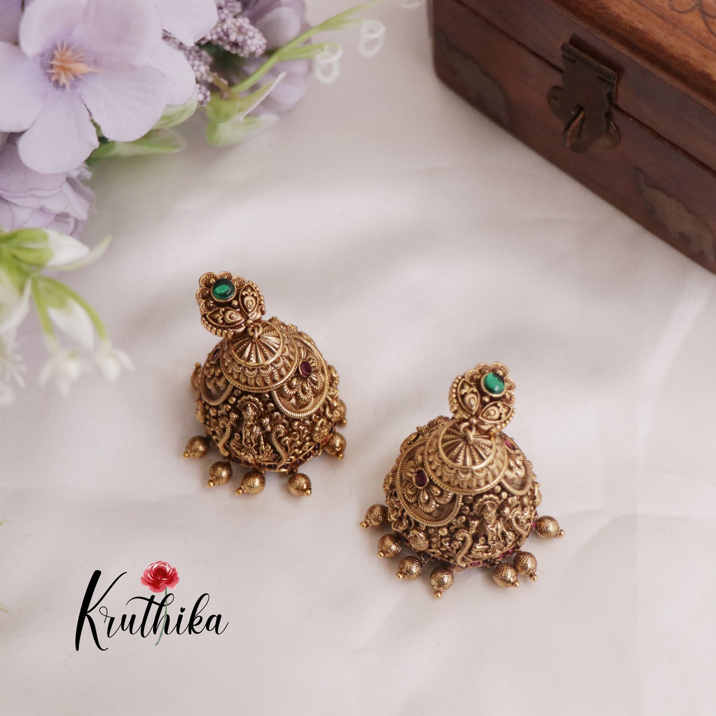 Simple Temple Lakshmi Peacock Carved Jhumkas Earrings E744