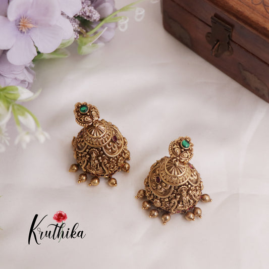 Simple Temple Lakshmi Peacock Carved Jhumkas Earrings E744