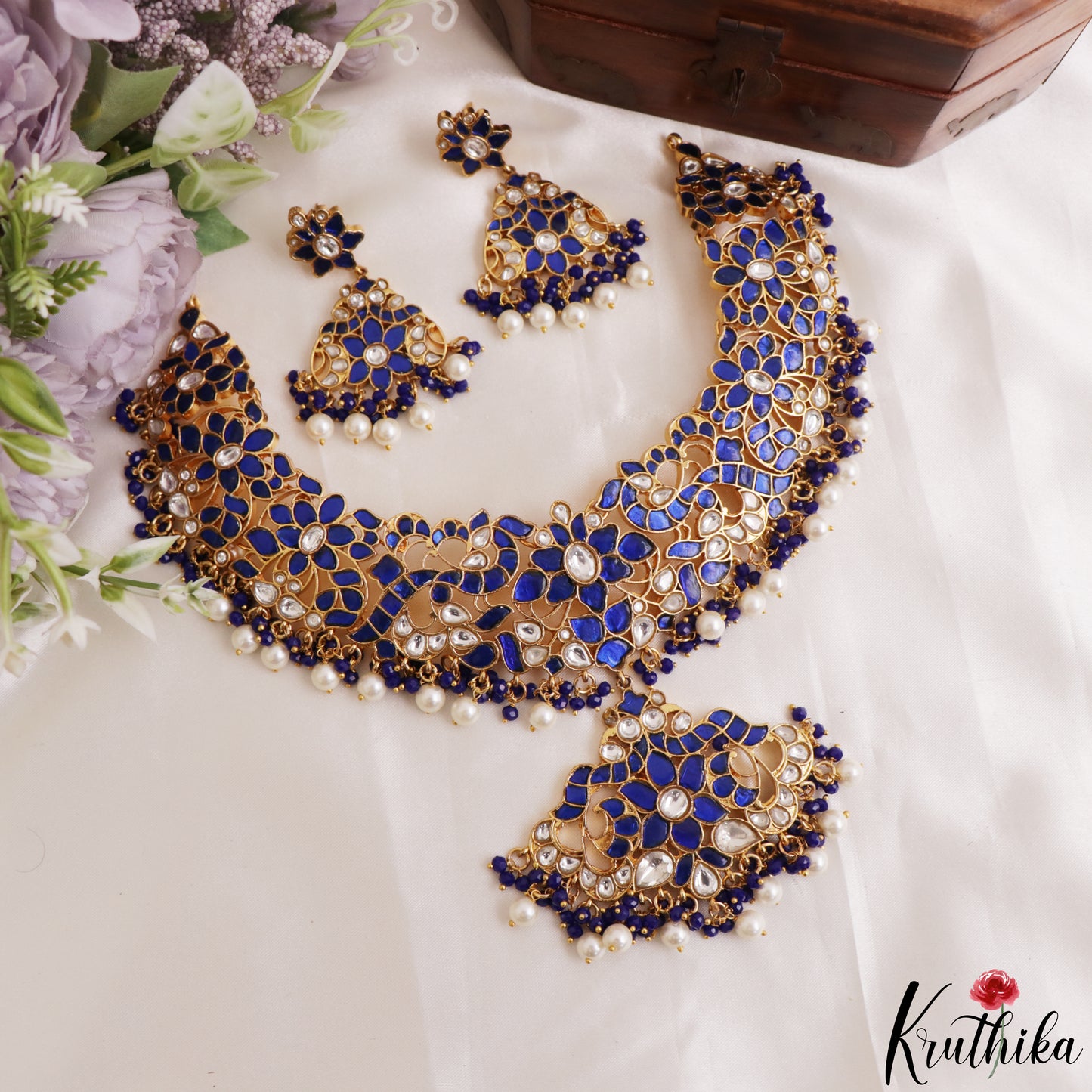 Gorgeous Peacock Floral Motifs Jadau Necklace With Pearl Bead Drops NC3238