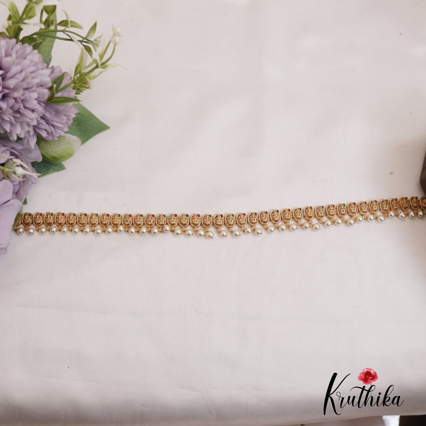 Coin Lakshmi Motifs Hip Chain With Pearl Drops V332