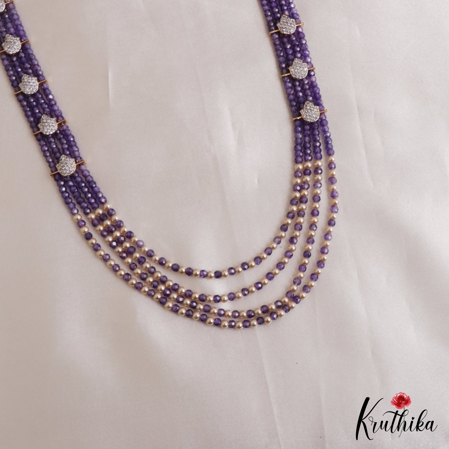 Elegant Multi Layered Crystal & Pearl Haaram With Floral Accents LH2130 (Available In 6 Colors)