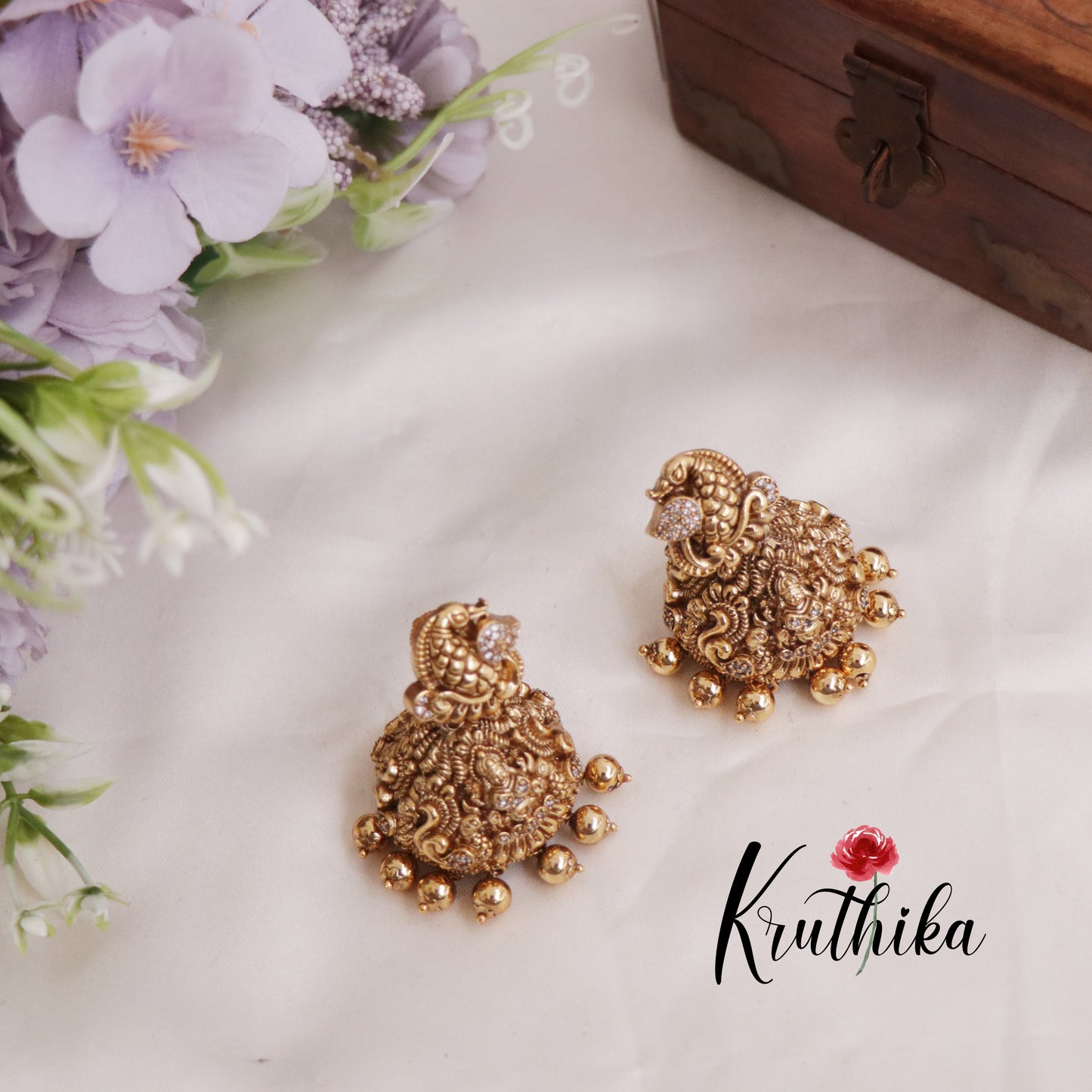 Premium Lakshmi Peacock Jhumkas with Golden Beads Drops E239