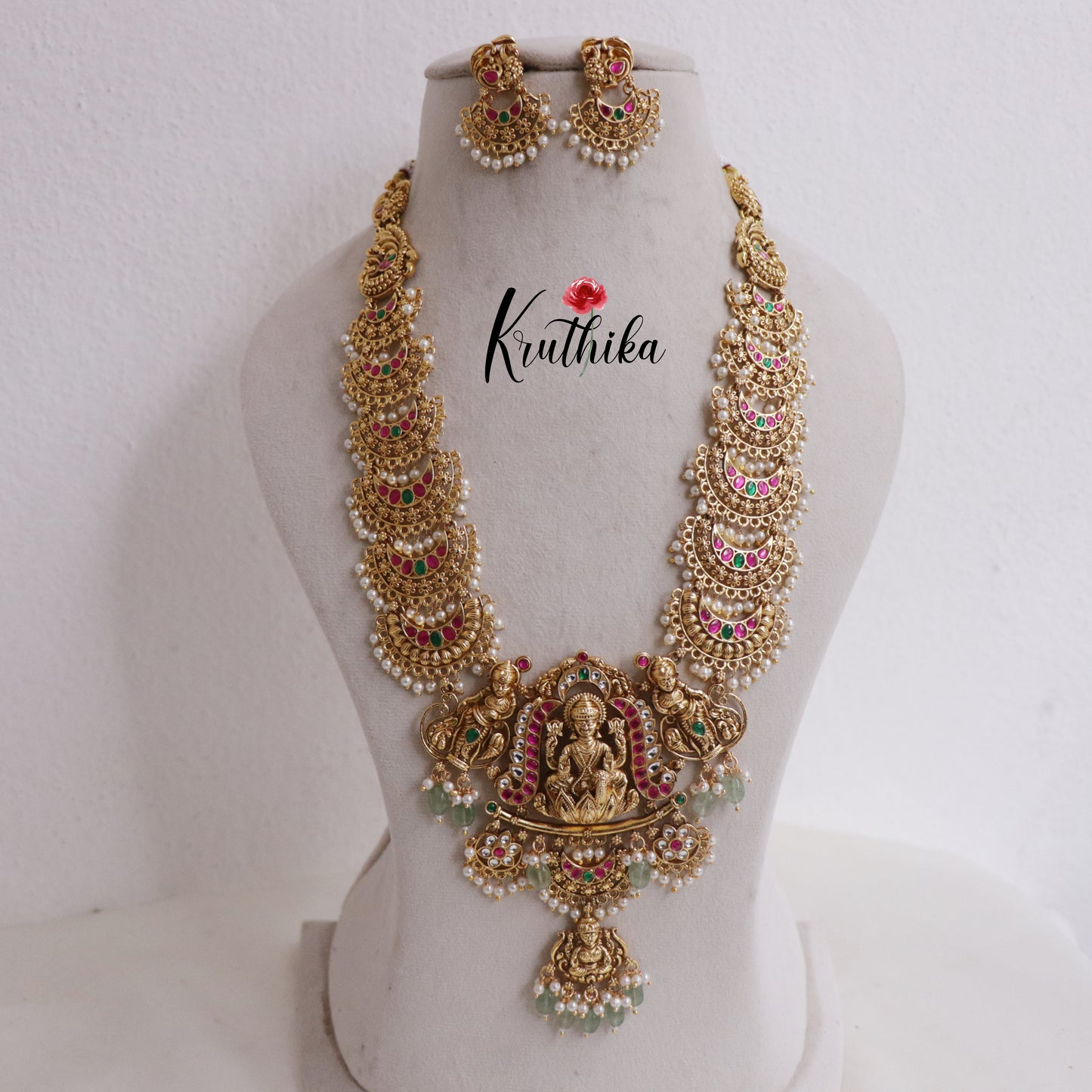 Premium Temple Lakshmi Jadau Haaram with Pastel Green Beads Drops LH1997