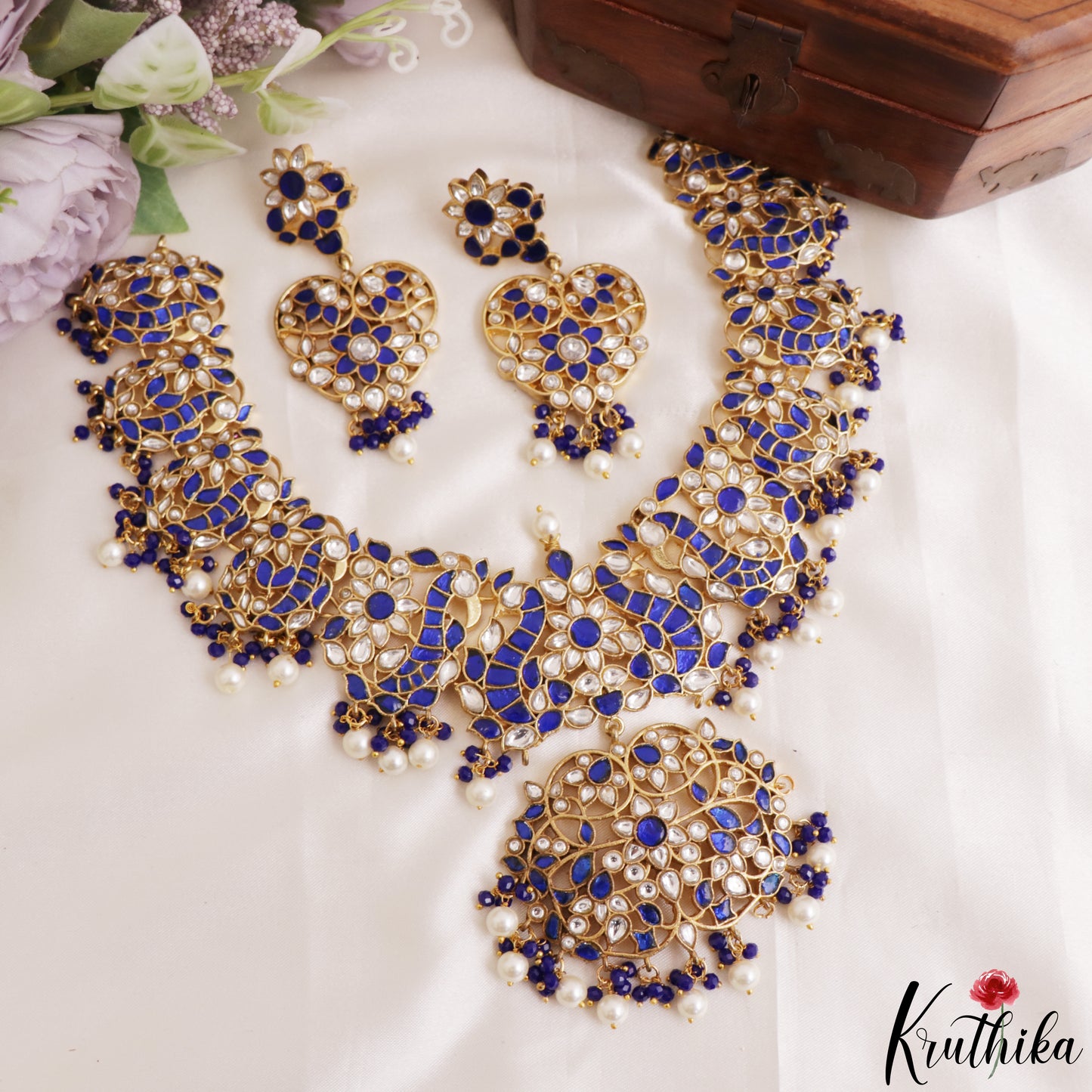 Stunning Peacock Floral Motifs Jadau Necklace With Pearl Bead Drops NC3191 (Available In 3 Colors)