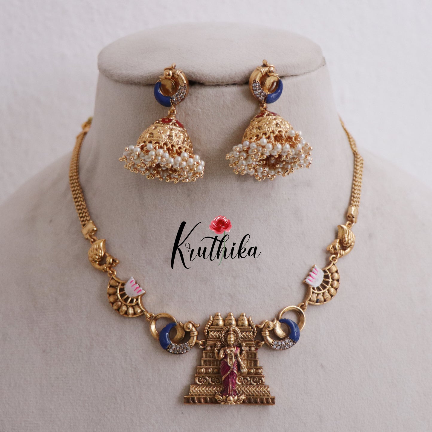 Gorgeous Temple Lakshmi Devi Peacock Pendant Necklace and Jhumka Earring Set NC2423