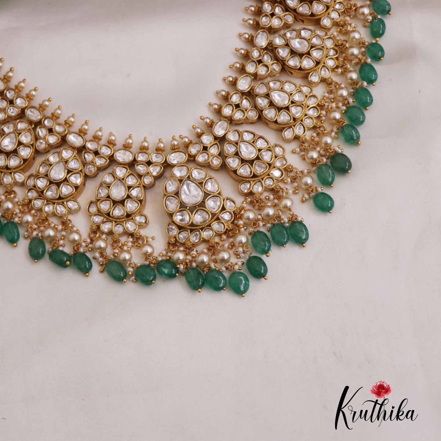 Gorgeous Teardrop Motifs Polki Choker With Green Bead Drops NC2684