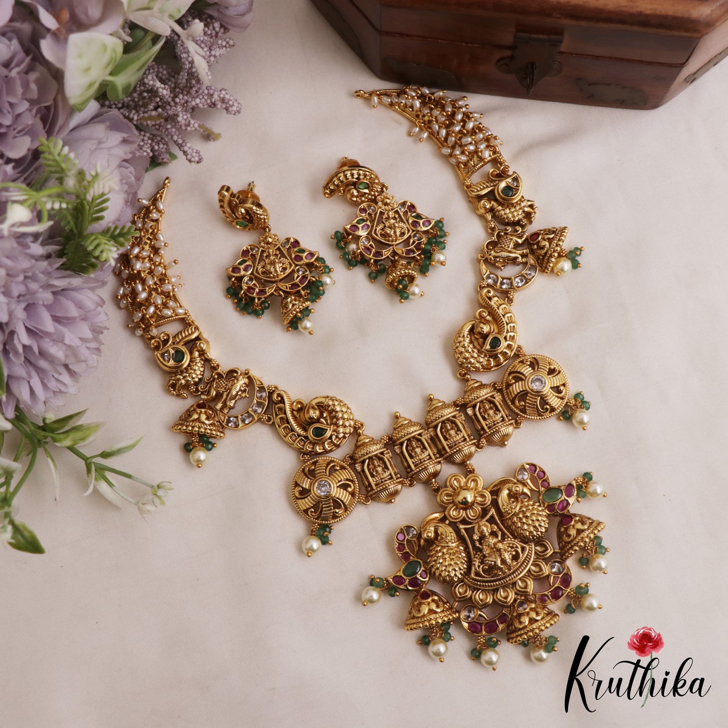 Gorgeous Antique  Nagas Lakshmi Peacock Motifs Temple Necklace NC3059 (Available In 2 Colors)