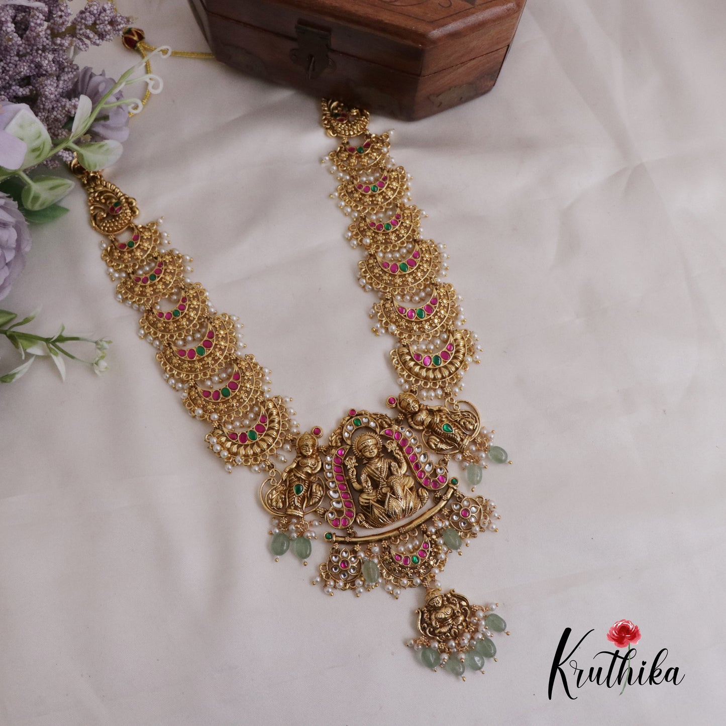 Premium Temple Lakshmi Jadau Haaram with Pastel Green Beads Drops LH1997
