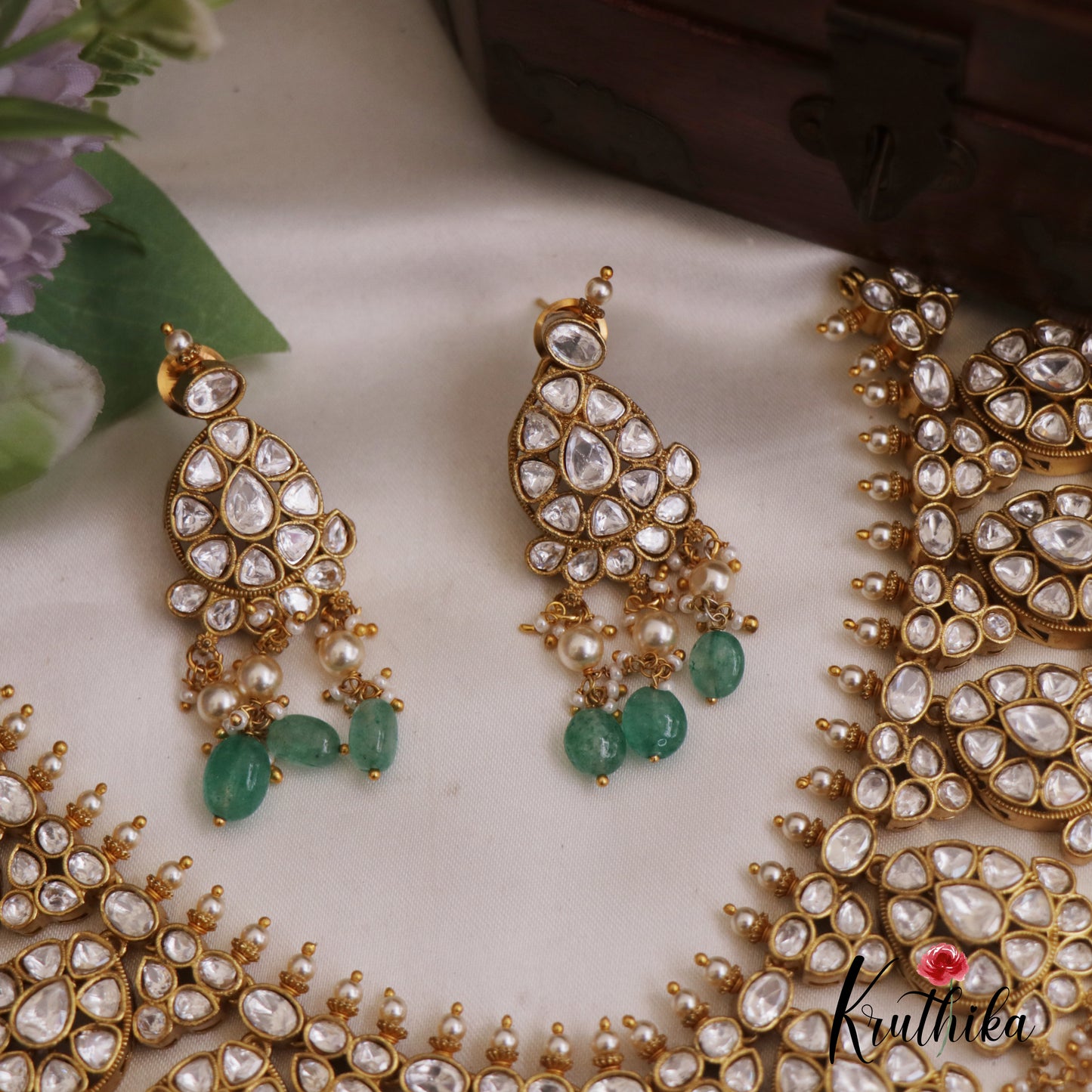 Gorgeous Teardrop Motifs Polki Choker With Green Bead Drops NC2684
