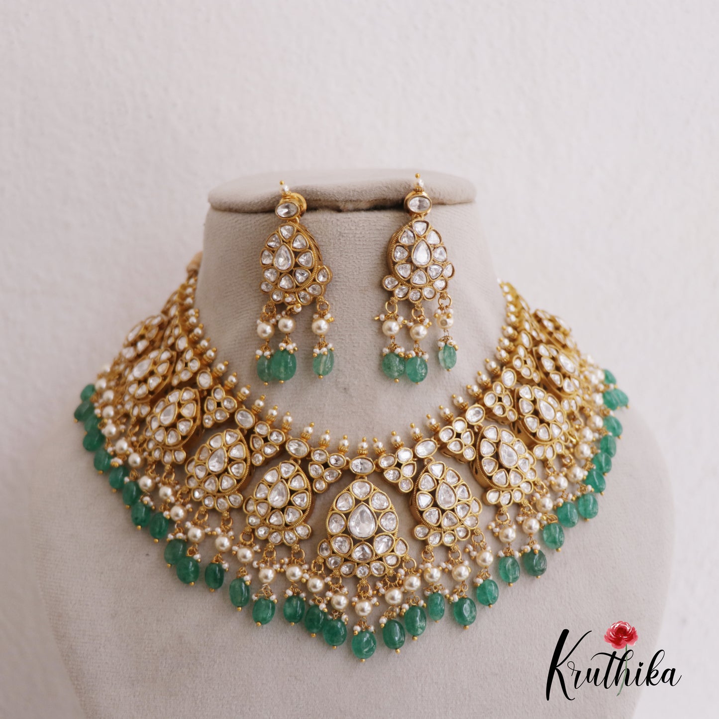 Gorgeous Teardrop Motifs Polki Choker With Green Bead Drops NC2684