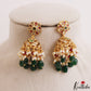 Elegant CZ Floral Motifs Kemp Jhumkas With Green Bead Drops E1200