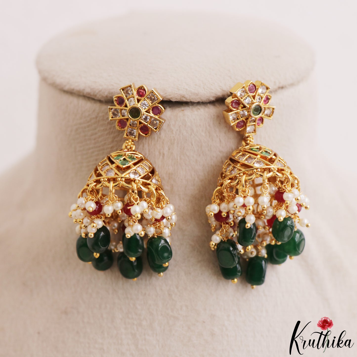 Elegant CZ Floral Motifs Kemp Jhumkas With Green Bead Drops E1200