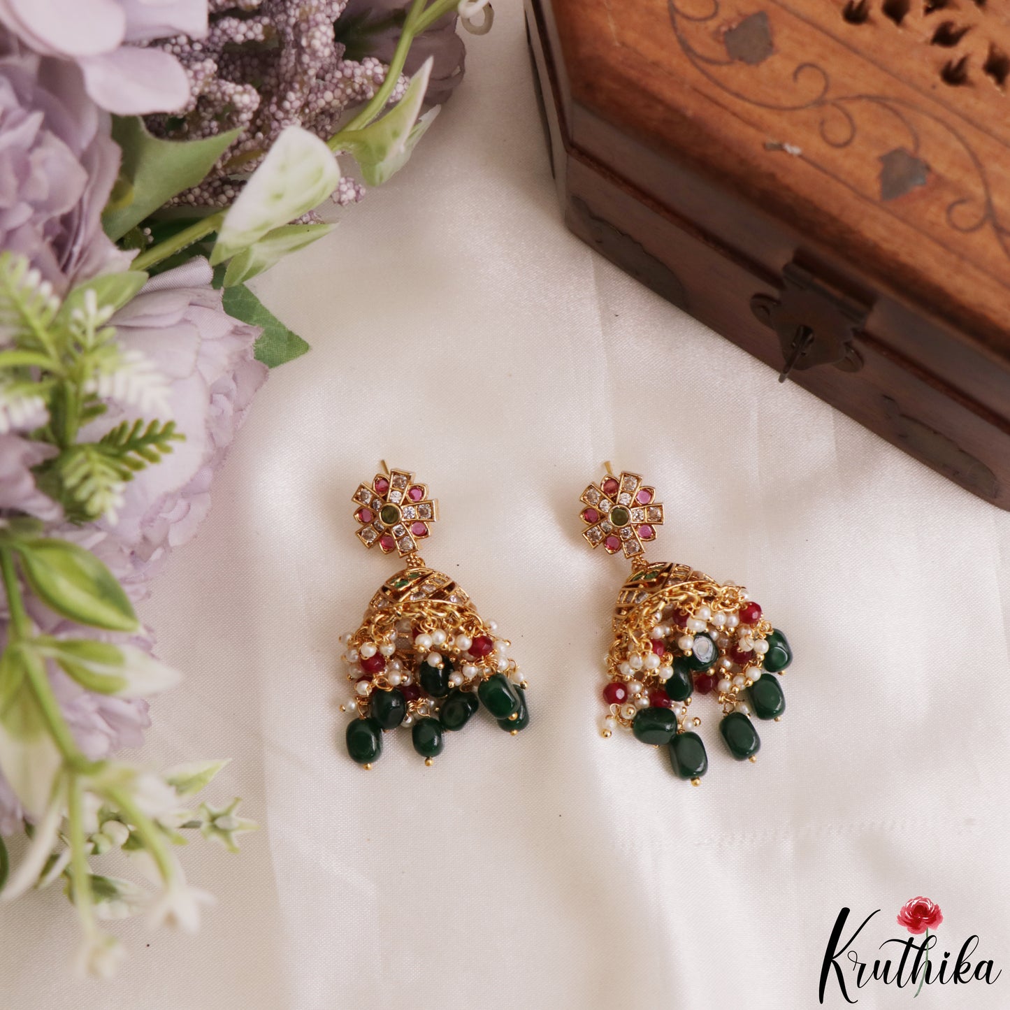 Elegant CZ Floral Motifs Kemp Jhumkas With Green Bead Drops E1200
