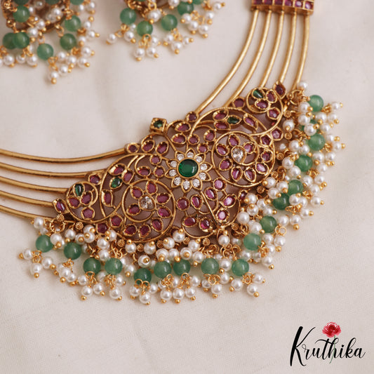 Stunning Floral Motifs Hasli Kemp Necklace With Pearl Bead Drops NC3060