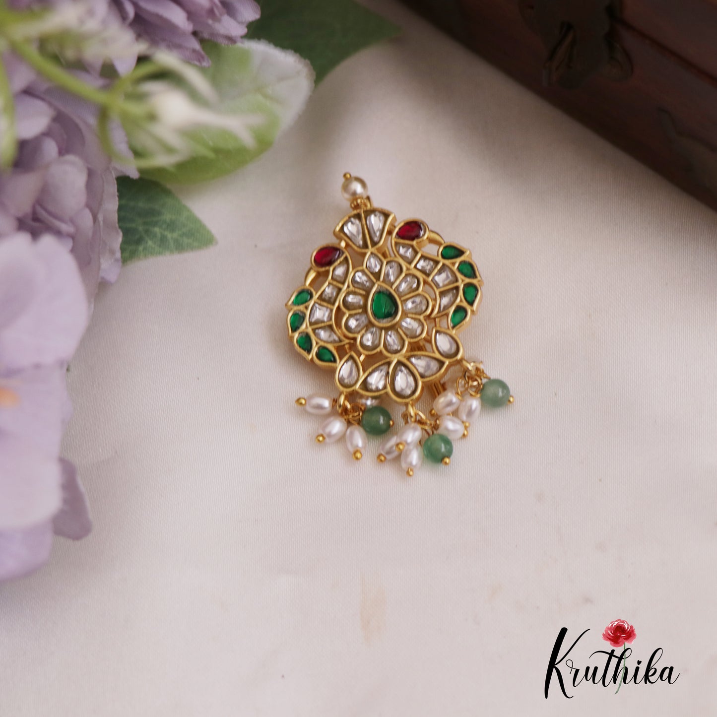 Classic Peacock Motifs Jadau Jada Billa With Green Bead Drops J339 (Available In 2 Colors)