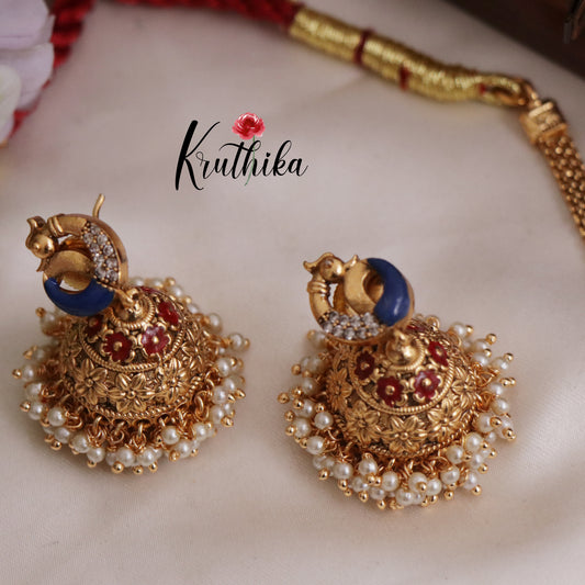 Gorgeous Temple Lakshmi Devi Peacock Pendant Necklace and Jhumka Earring Set NC2423