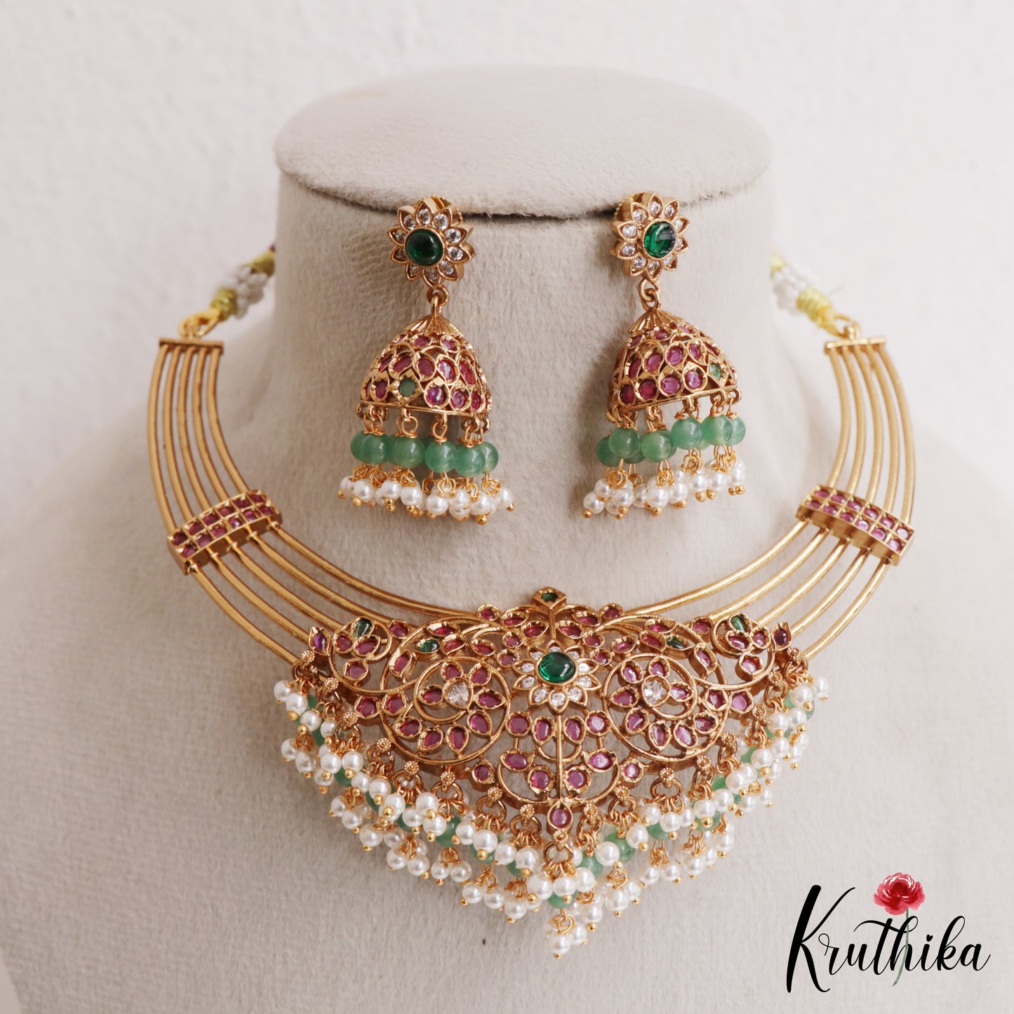 Stunning Floral Motifs Hasli Kemp Necklace With Pearl Bead Drops NC3060