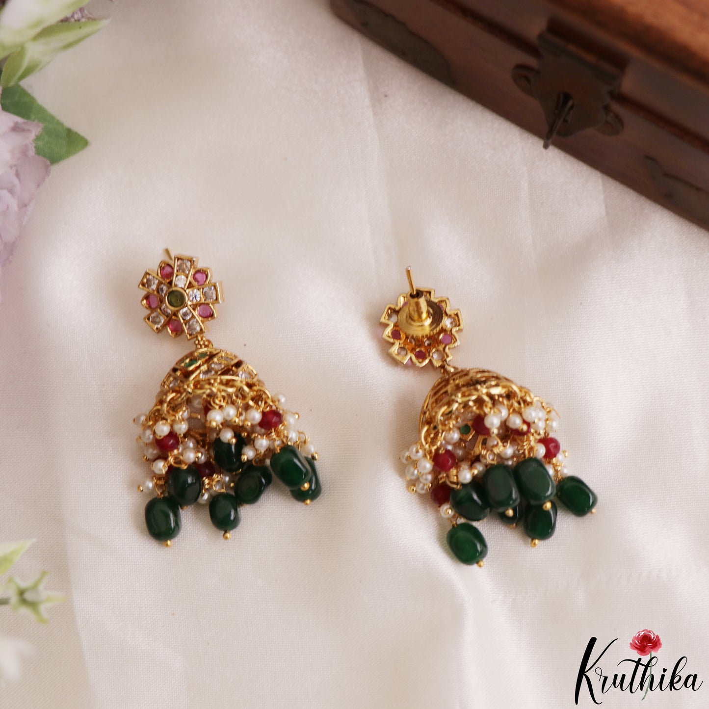 Elegant CZ Floral Motifs Kemp Jhumkas With Green Bead Drops E1200