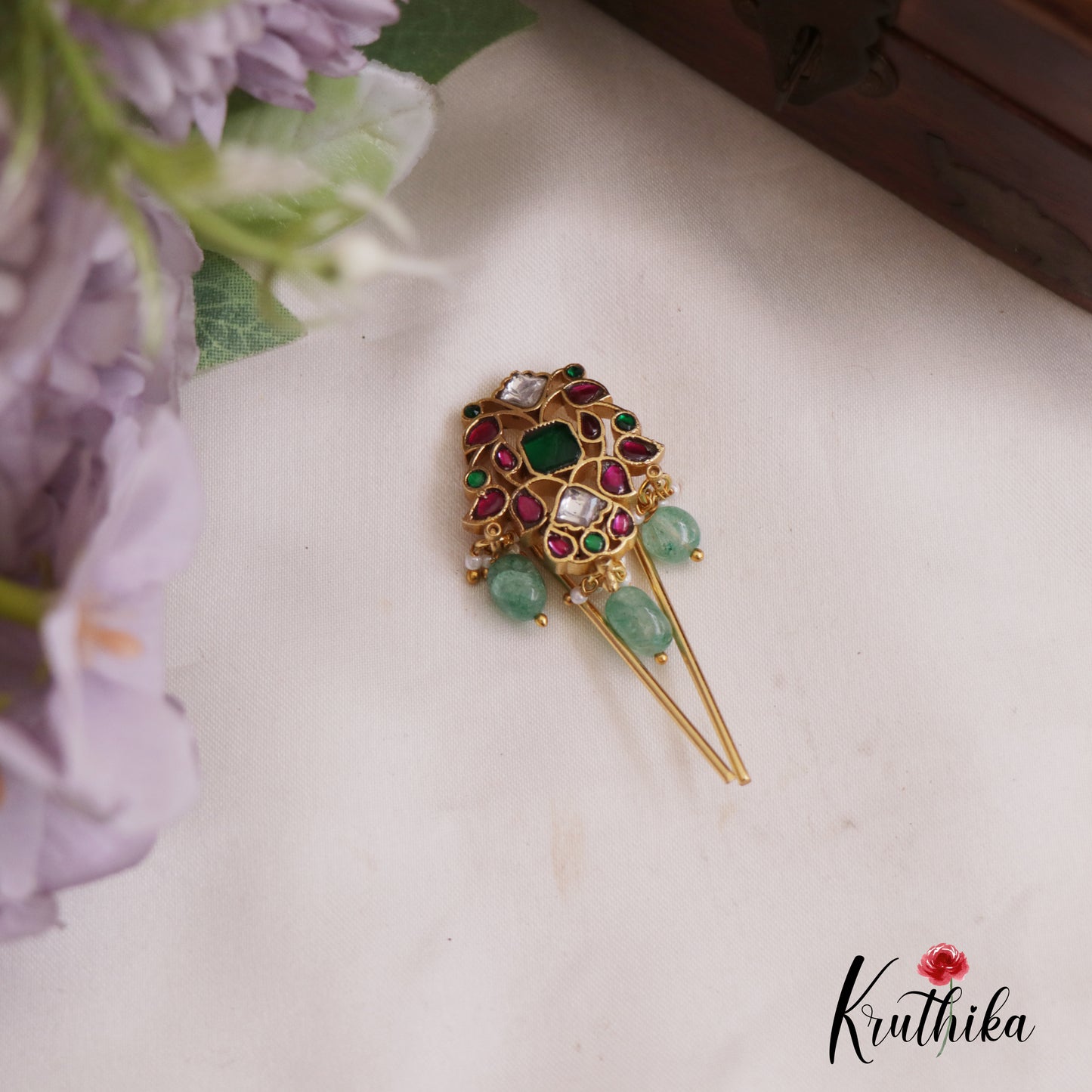 Classic Leaf Motifs Jadau Jada Billa With Green Bead Drops J341