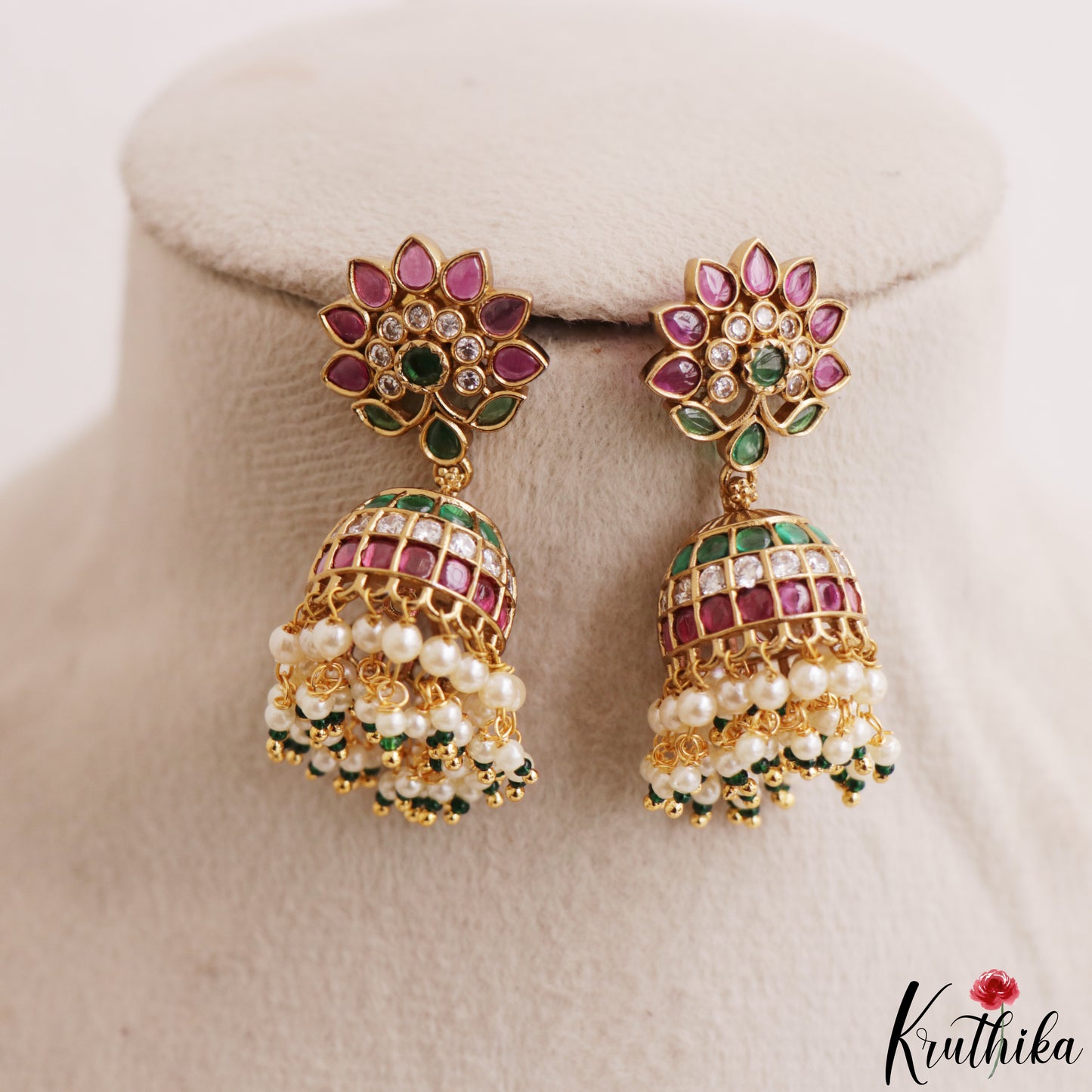 Pretty Lotus Motifs Kemp Jhumkas With Pearl Drops E1201