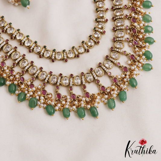 Sparkling Geometric Motifs Two Layer CZ Necklace With Green Bead Drops NC3061