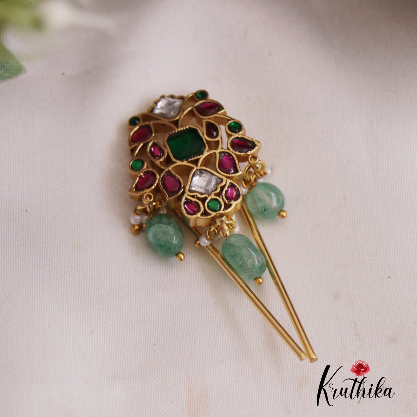 Classic Leaf Motifs Jadau Jada Billa With Green Bead Drops J341