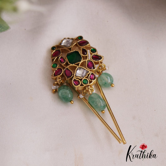 Classic Leaf Motifs Jadau Jada Billa With Green Bead Drops J341