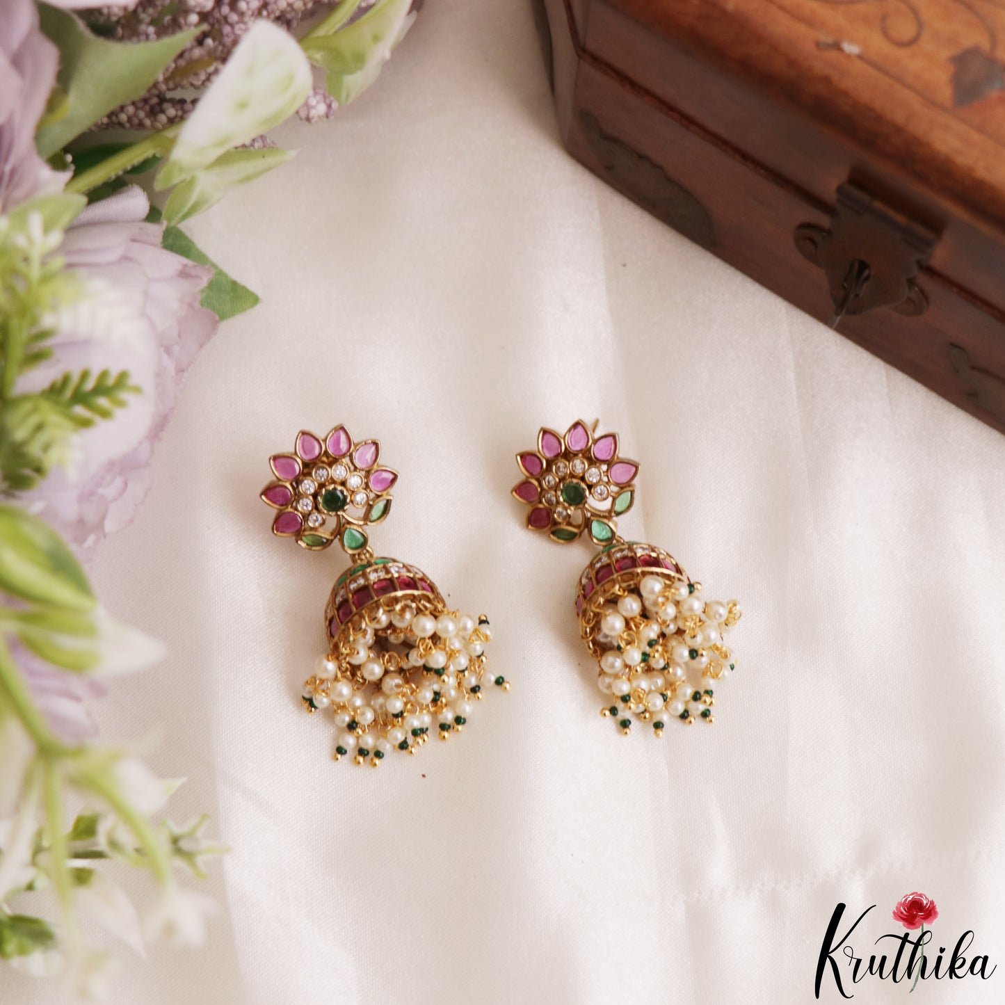 Pretty Lotus Motifs Kemp Jhumkas With Pearl Drops E1201