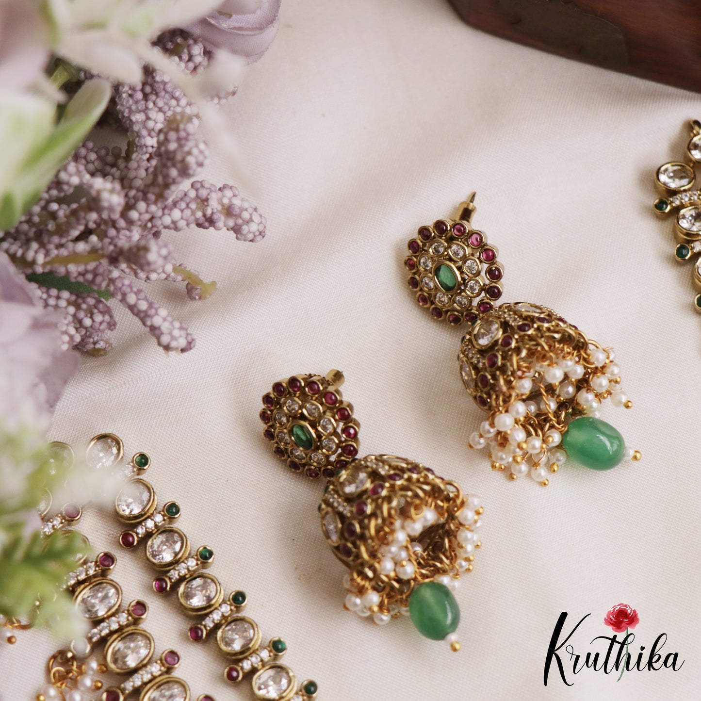 Sparkling Geometric Motifs Two Layer CZ Necklace With Green Bead Drops NC3061