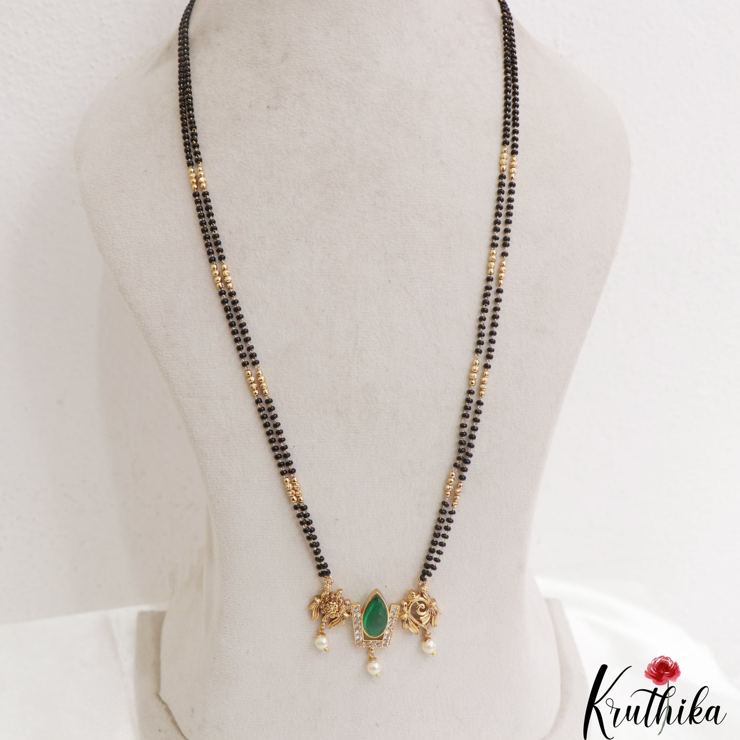 Traditional Shankh Chakra Motifs Black Beads Chain With Pendant NC3095 (Available In 2 Colors)