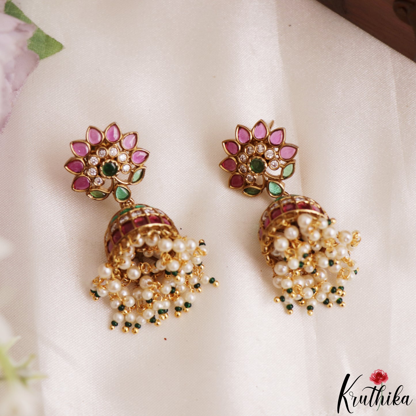 Pretty Lotus Motifs Kemp Jhumkas With Pearl Drops E1201