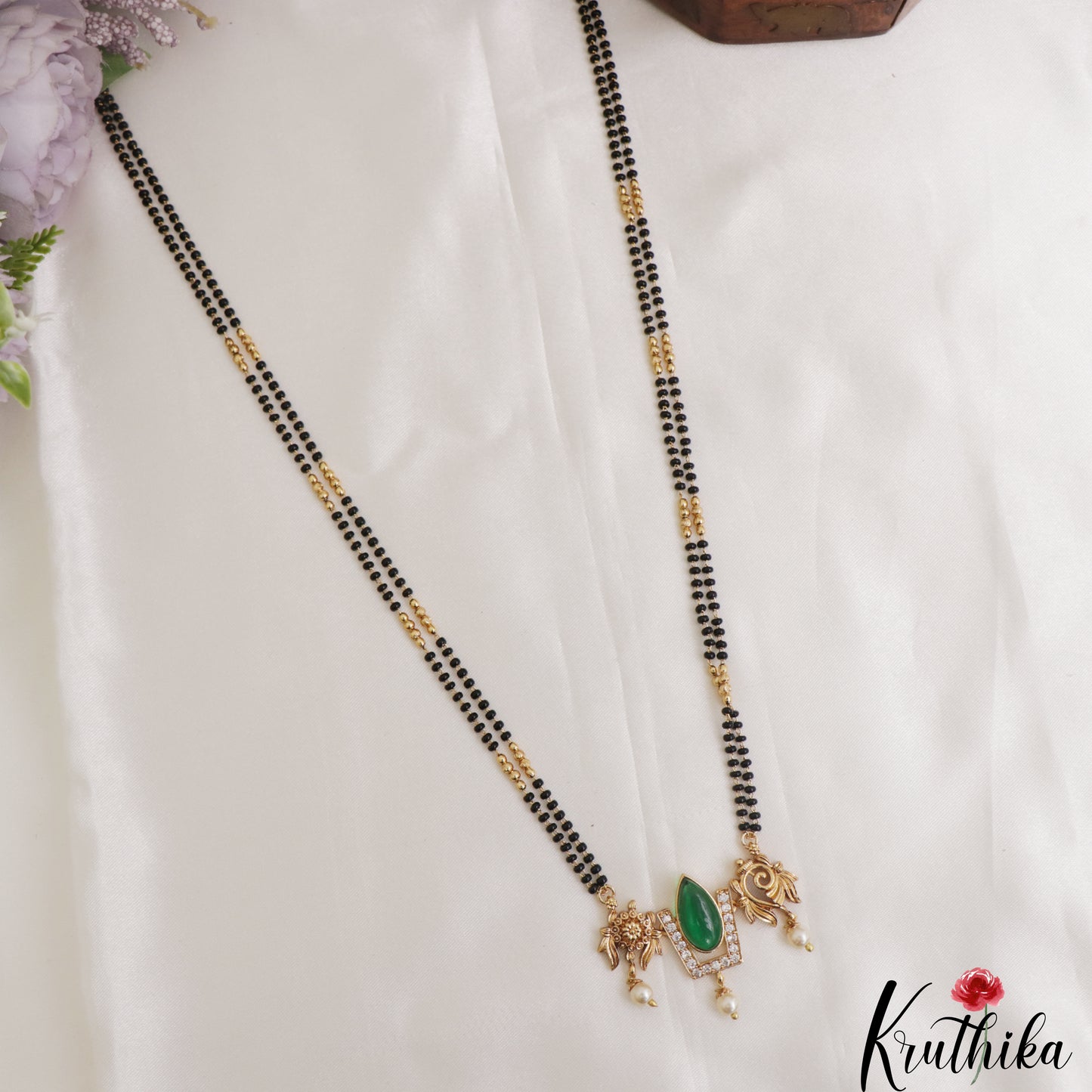 Traditional Shankh Chakra Motifs Black Beads Chain With Pendant NC3095 (Available In 2 Colors)