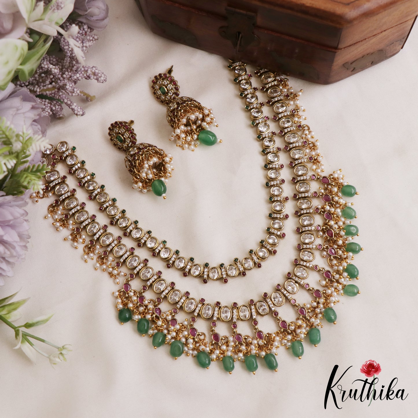 Sparkling Geometric Motifs Two Layer CZ Necklace With Green Bead Drops NC3061