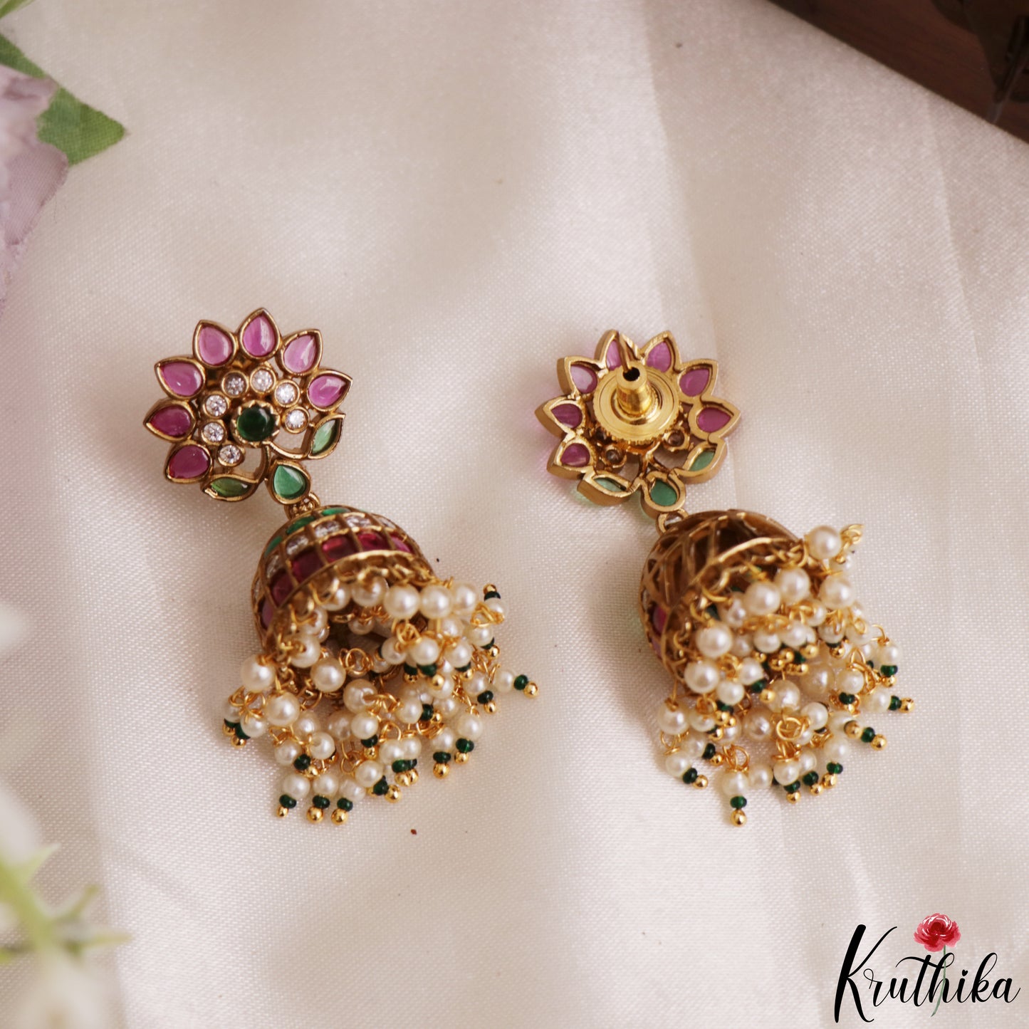 Pretty Lotus Motifs Kemp Jhumkas With Pearl Drops E1201