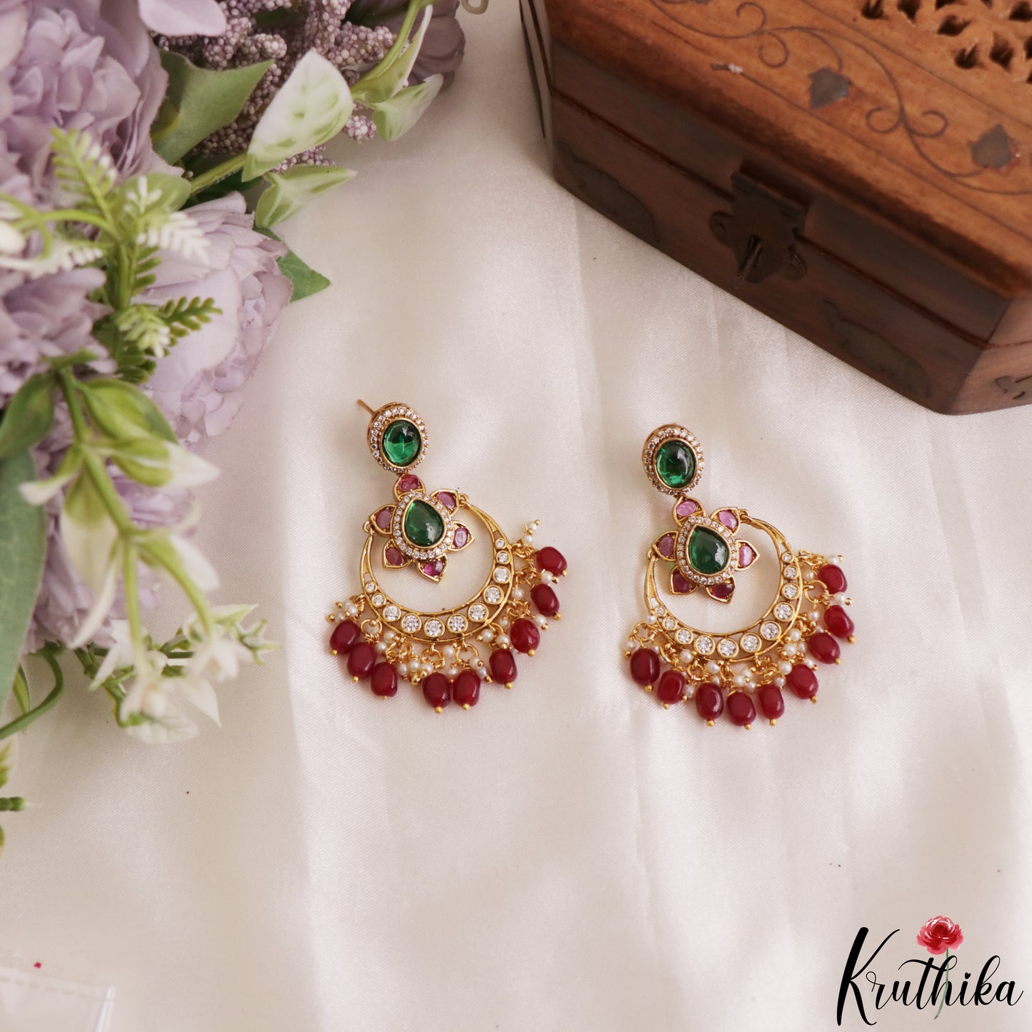 Trendy Floral Motifs Chandbali Earrings With Bead Drops E1202 (Available In 2 Colors)