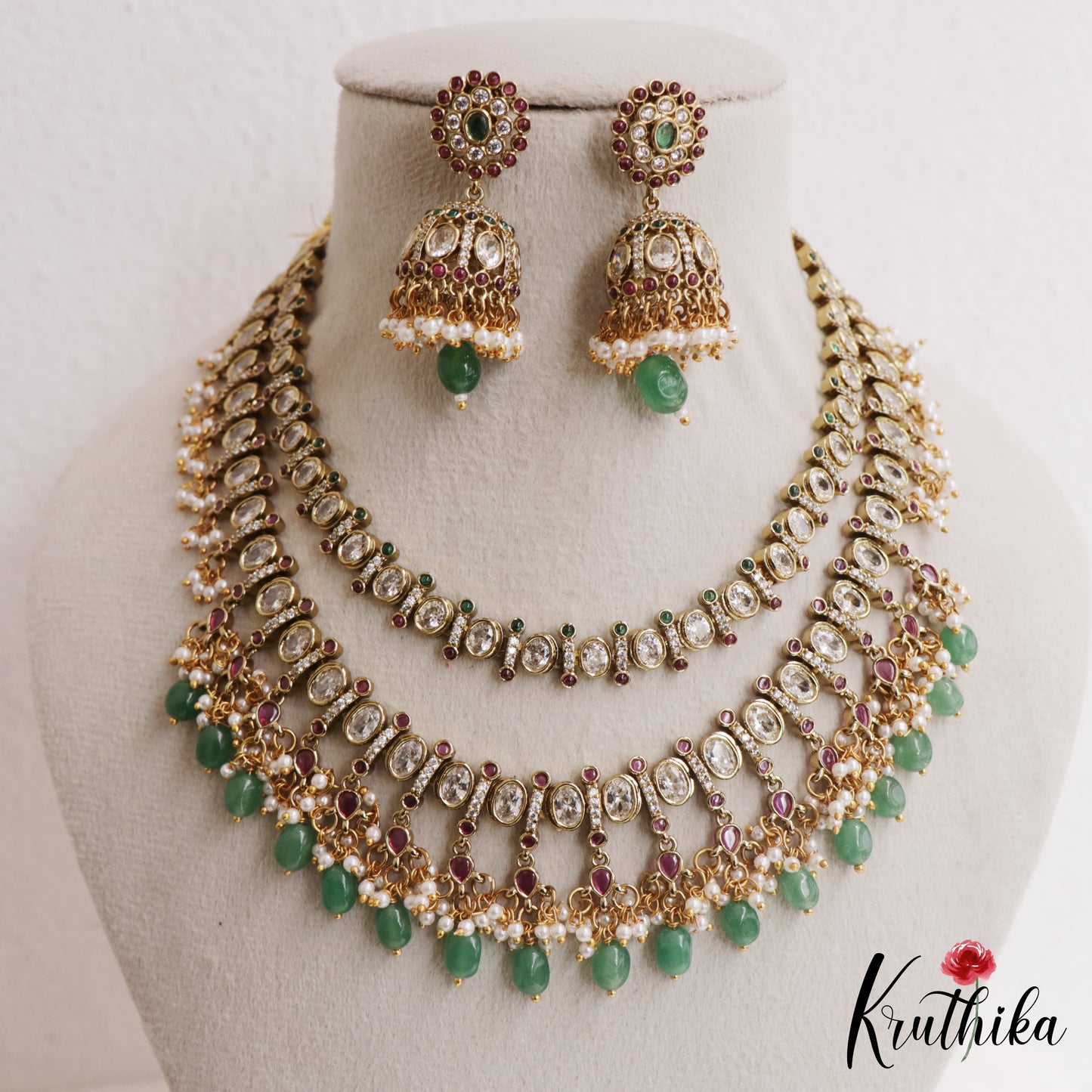 Sparkling Geometric Motifs Two Layer CZ Necklace With Green Bead Drops NC3061