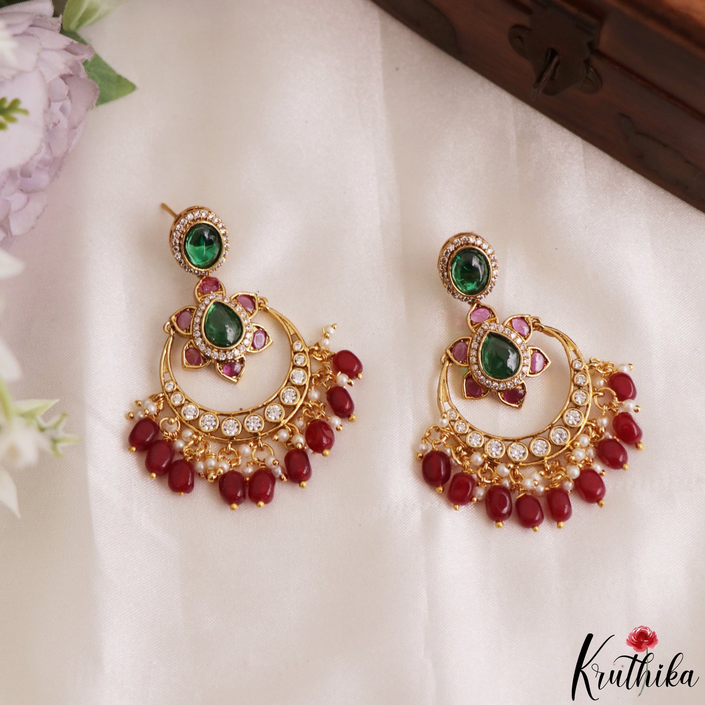 Trendy Floral Motifs Chandbali Earrings With Bead Drops E1202 (Available In 2 Colors)