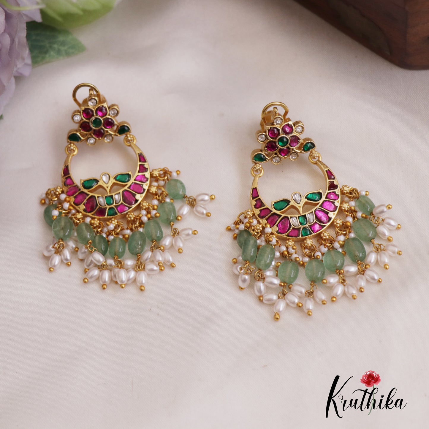 Stunning Floral Motifs Chandbali Jadau Earrings With Pearl And Bead Drops E920