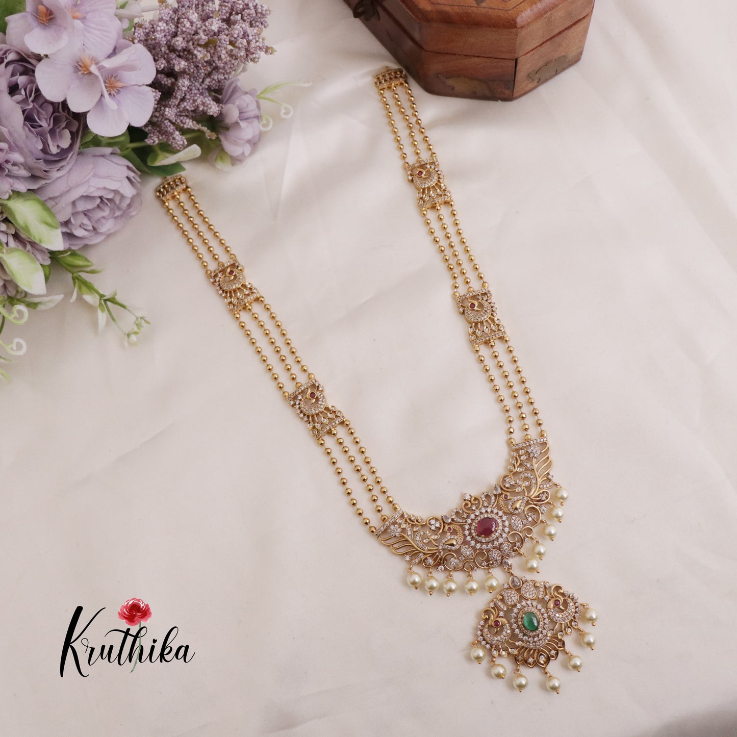 Trendy AD Peacock Victorian Haaram with Pearl Drops LH1963