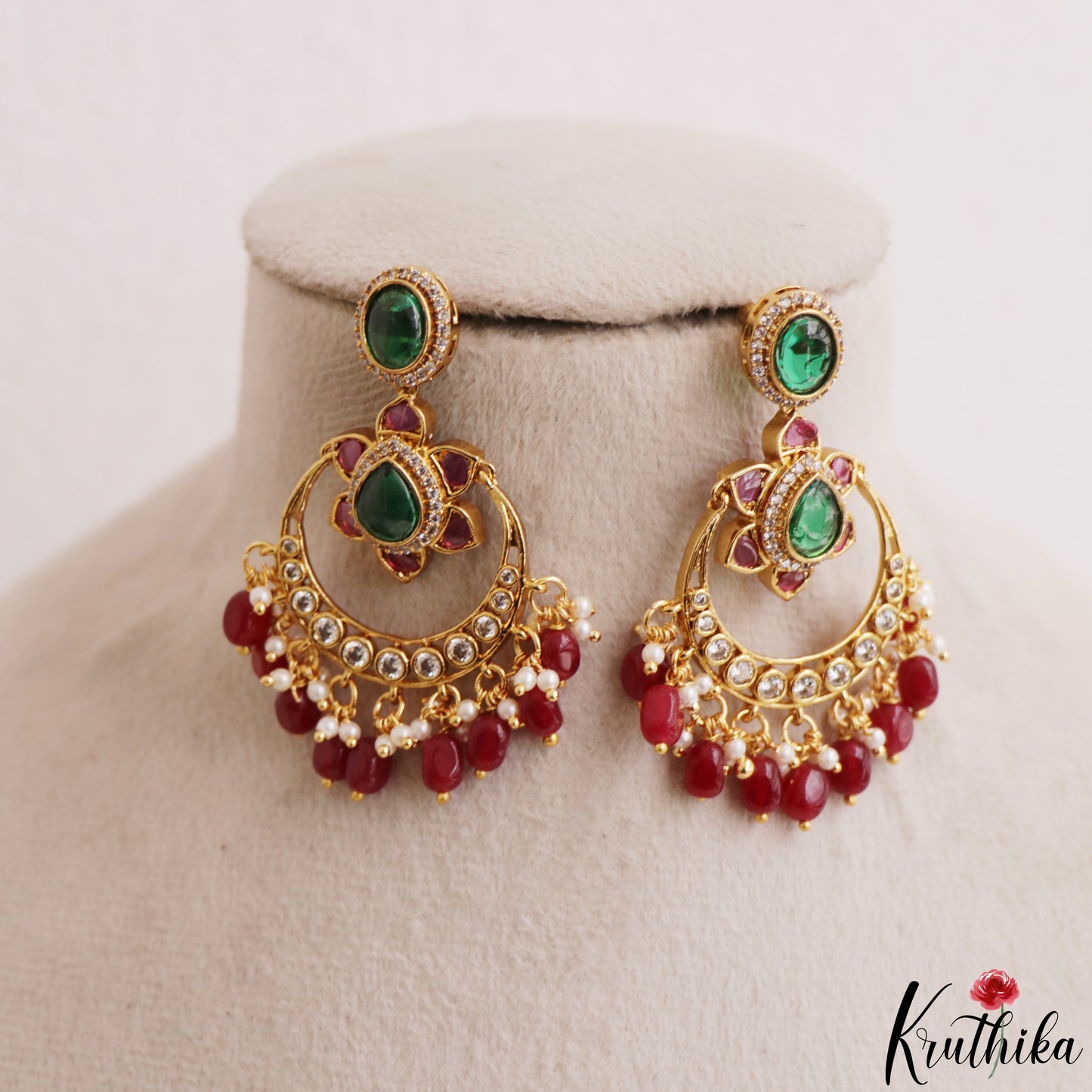Trendy Floral Motifs Chandbali Earrings With Bead Drops E1202 (Available In 2 Colors)