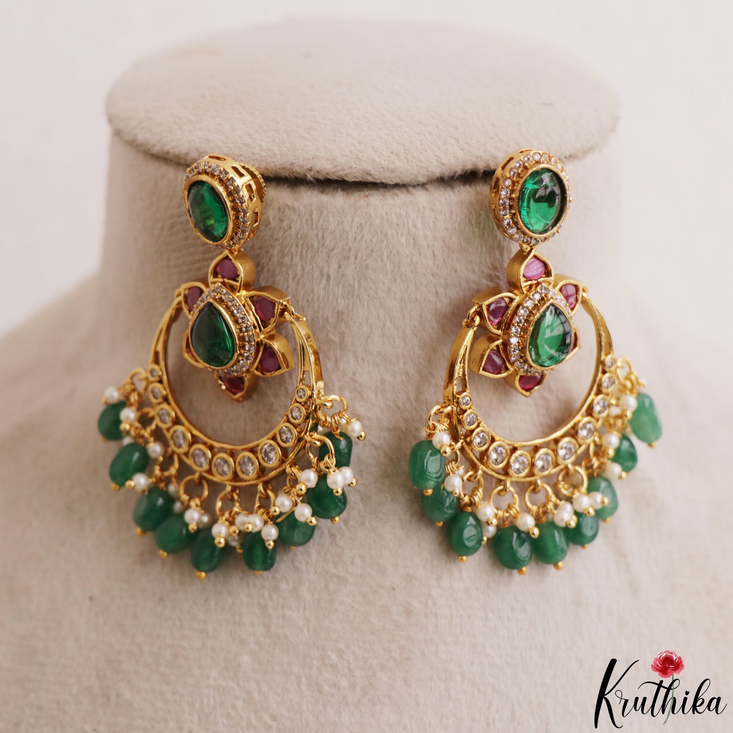 Trendy Floral Motifs Chandbali Earrings With Bead Drops E1202 (Available In 2 Colors)