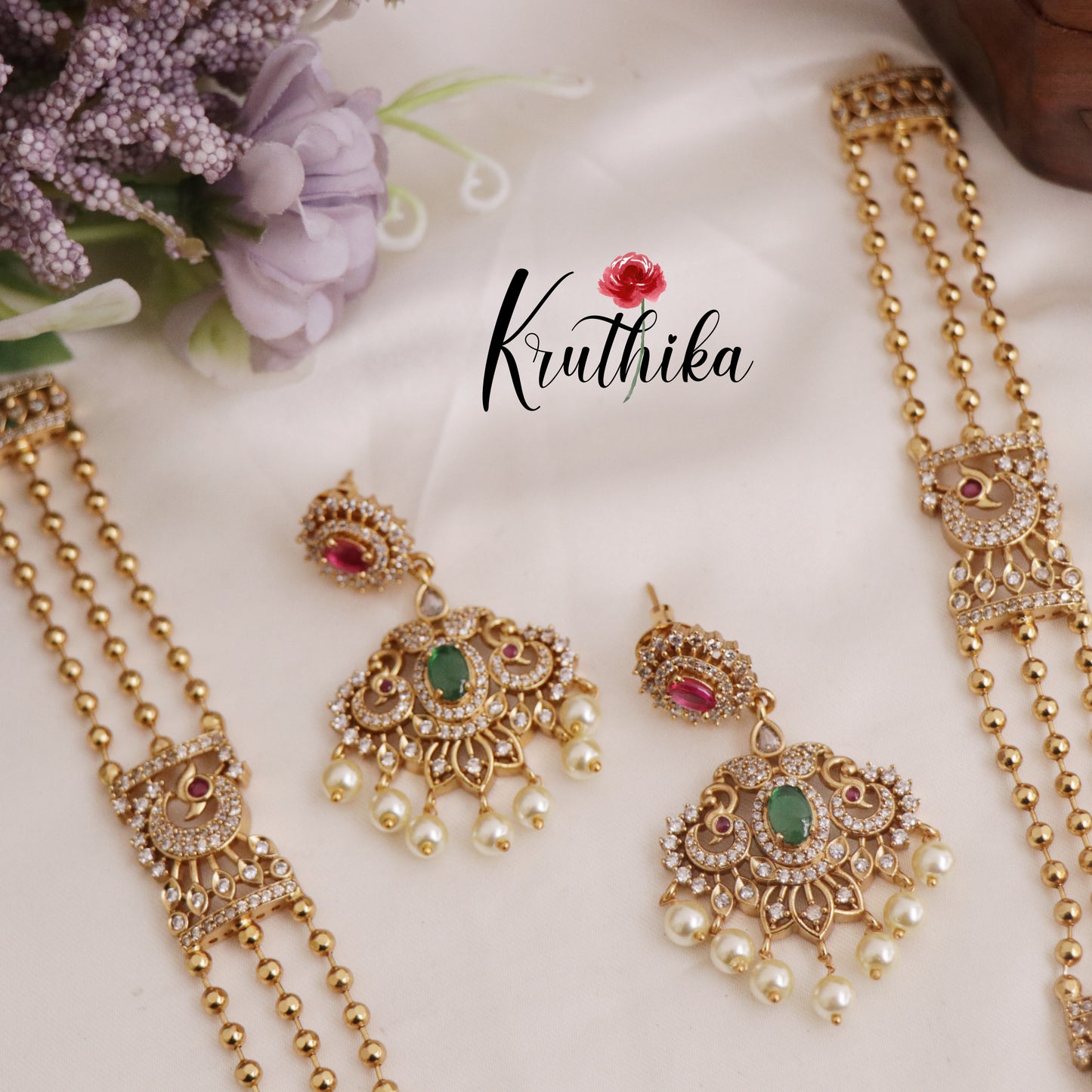 Trendy AD Peacock Victorian Haaram with Pearl Drops LH1963