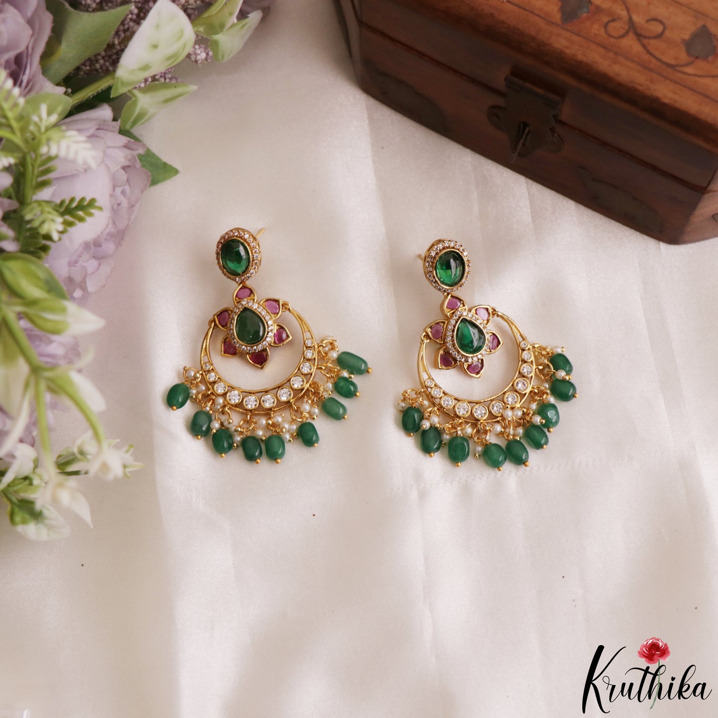 Trendy Floral Motifs Chandbali Earrings With Bead Drops E1202 (Available In 2 Colors)