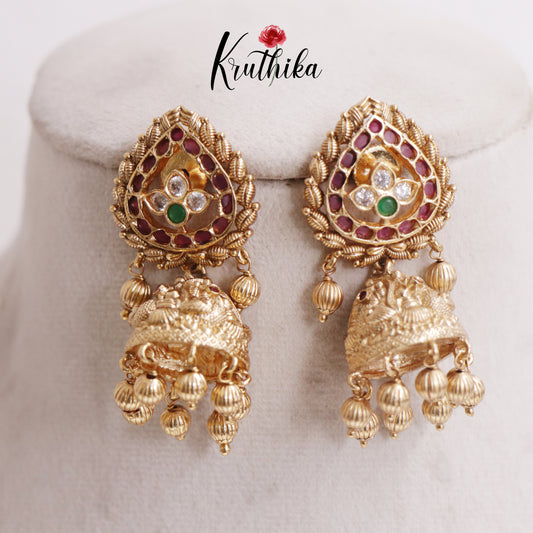 Simple Kemp Jhumka with Golden Beads E749